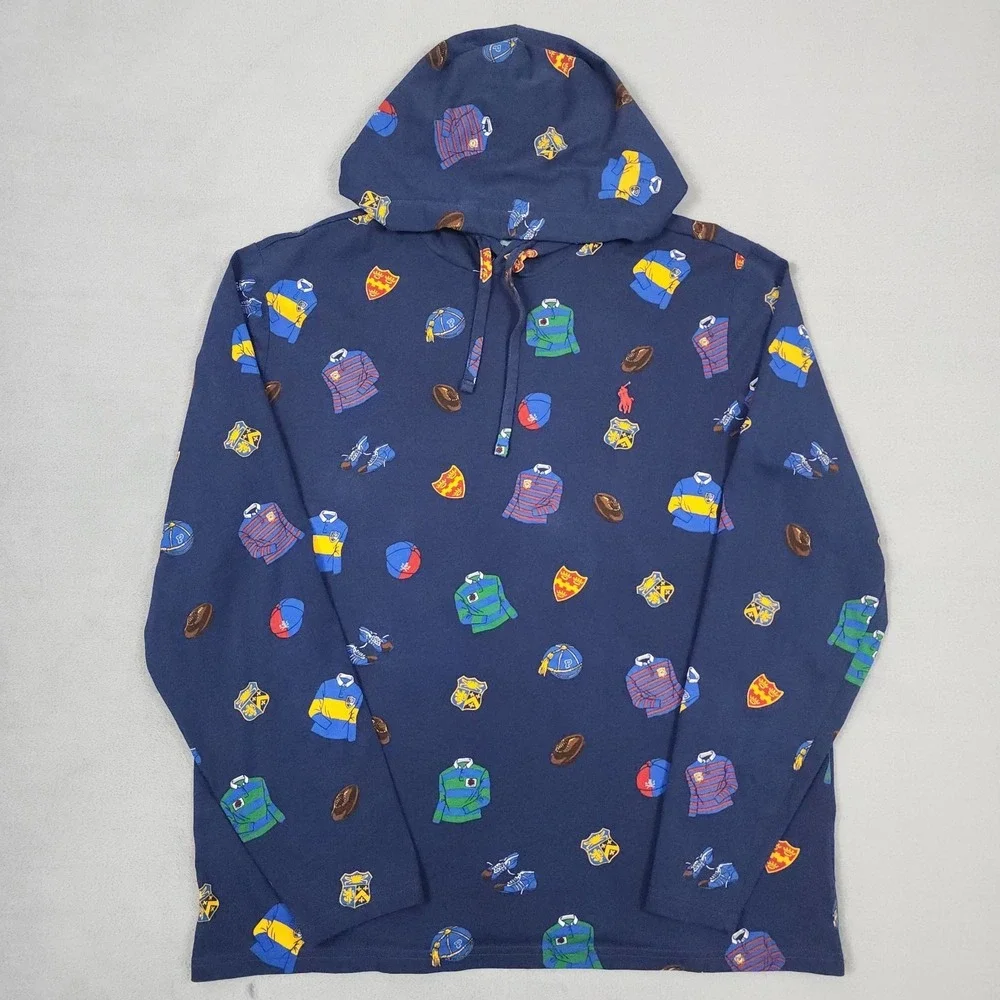Polo Ralph Lauren Mens L Hooded Shirt Navy Rugby All Over Print Long Sleeve
